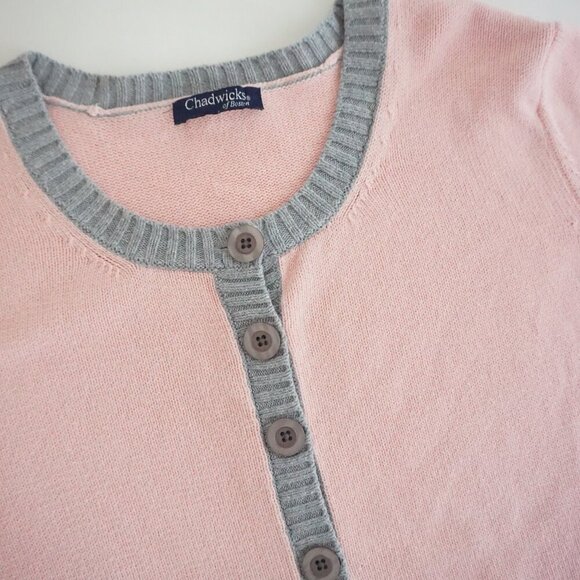 Chadwicks Of Boston Pink w Grey Trim Button Up Knit Cardigan Sweater M - Picture 10 of 10